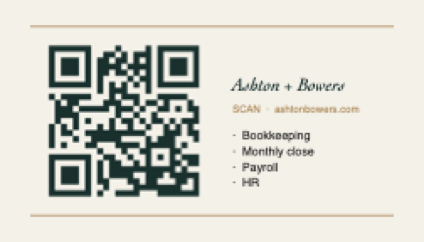 Ashton Bowers business card, back with QR